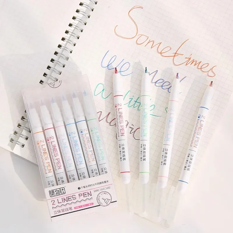 6pcs 2 Lines Colored Marker Pens 0.5mm Gel Pens Pigment Liner Highlighter DIY Drawing Painting Graffiti Pen Kawaii Stationery