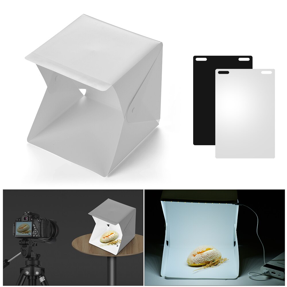 Portable DIY LED Studio Light Box 6000K Mini Foldable Photography Tent with Black White Backgrounds for Still Life Photography