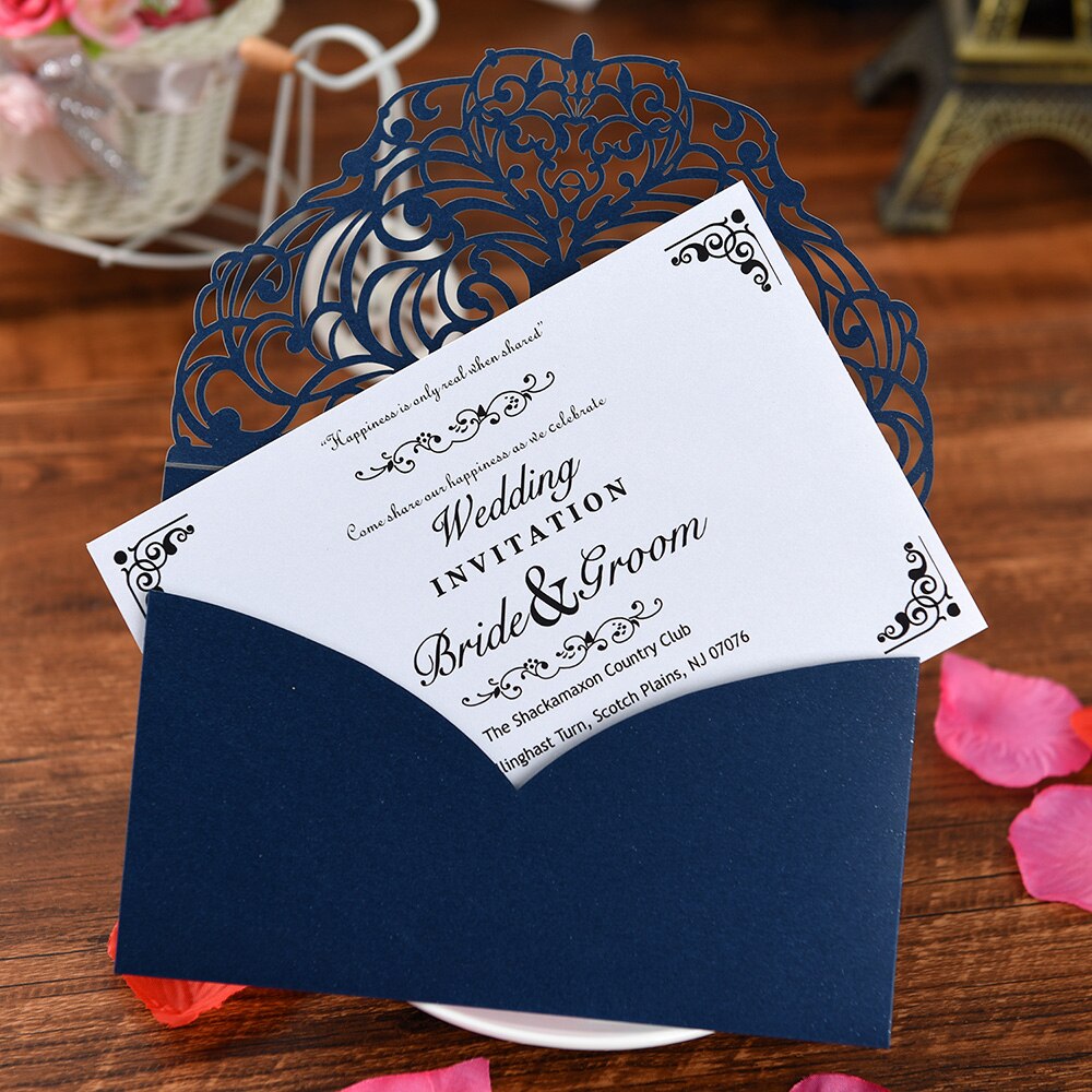 10Pcs Pearl Paper Invitation Cards Delicate Carved Floral Pattern Invitation Cards Blue Card For Wedding Engagement Anniversary