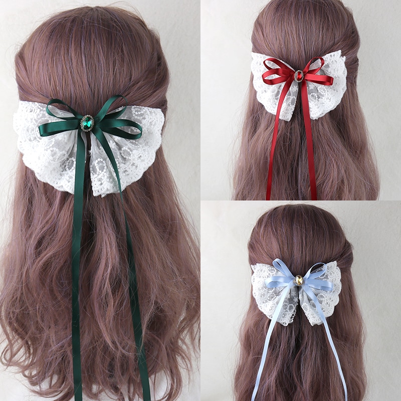 Japanse Lolita Meisje Lange Streamer Haarspeld Prinses Clip Handgemaakte Strik Kant Haar Accessoires Vrouwen Paardestaart Clip