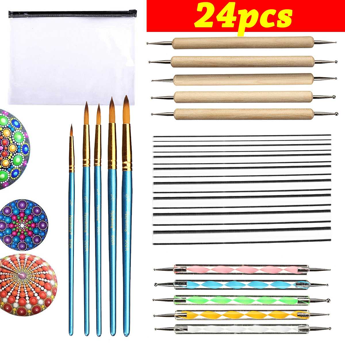 24PCS Mandala Painting Dotting Tools with Dotting Rods Ball Stylus Pen Stencil Paint Tray Brushes for Canva Rock Fabric Wall Ar