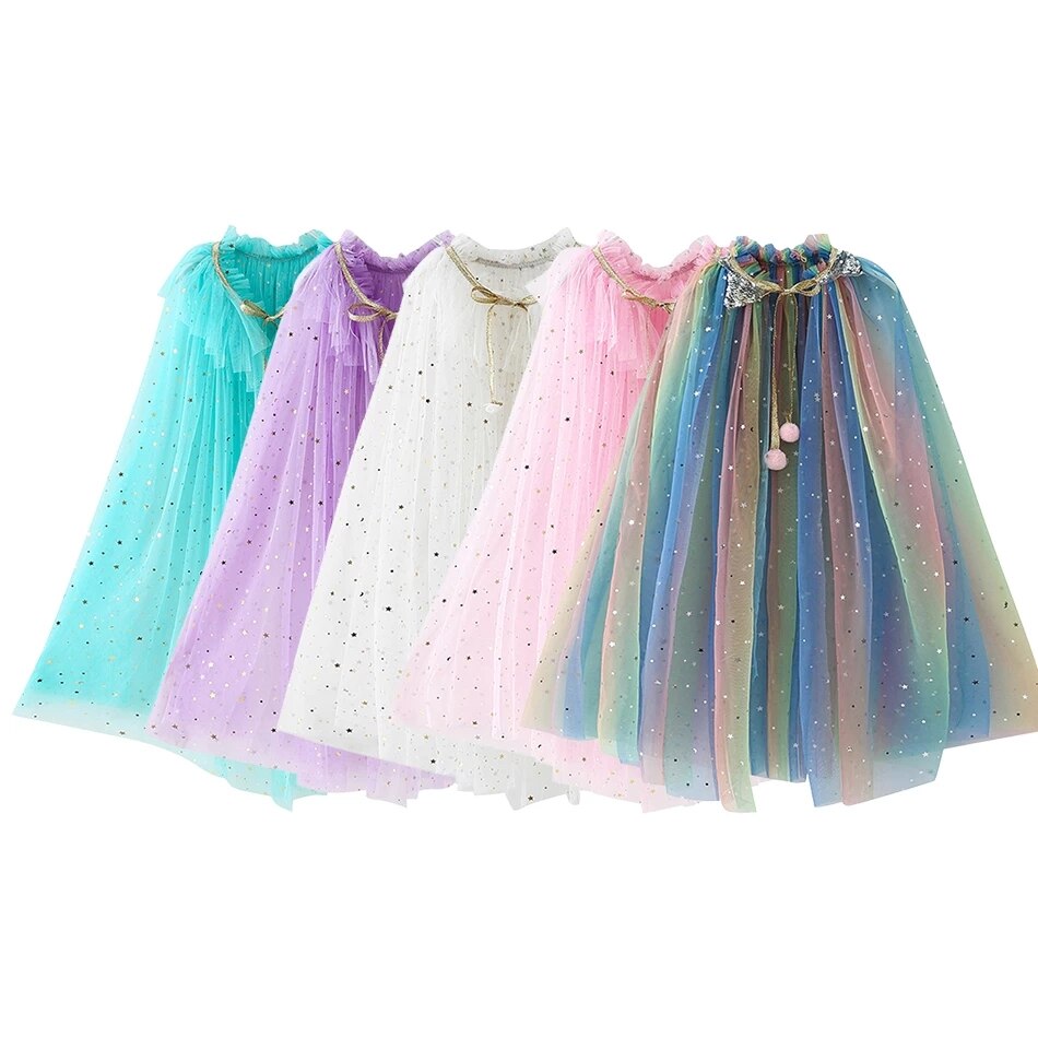 Natale taglia unica ragazze mantello paillettes palla scialle scialle abito per bambini cappotto del capo festa di compleanno spiaggia arcobaleno avvolgere Costume da principessa