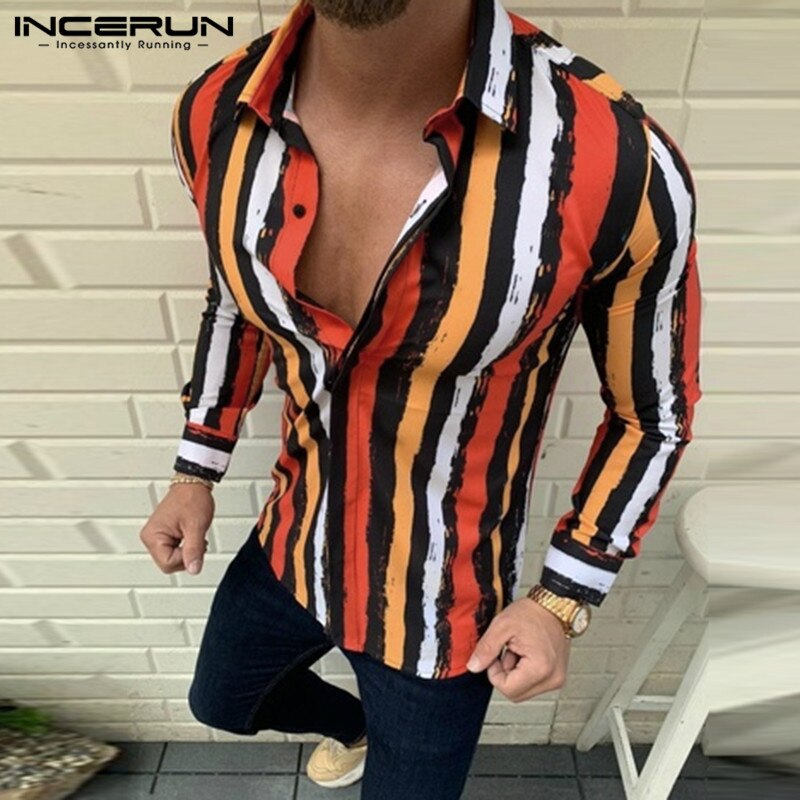Incerun Herfst Gestreepte Shirts Heren Lange Mouwen Revers Camisa Causale Kleurrijke Knoppen Chemise Gezellige Streak Blouse Streetwear S-3XL