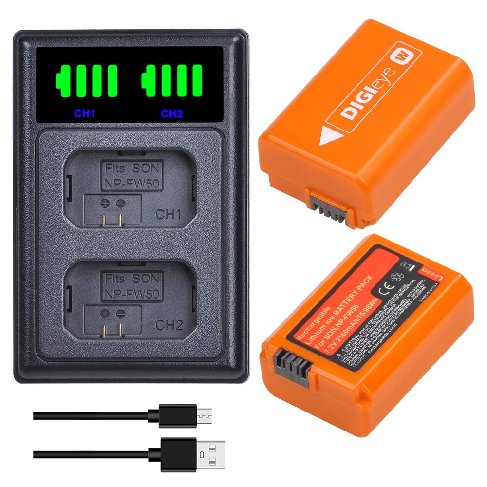 2160Mah NP-FW50 Np FW50 NPFW50 Batterij Voor Sony Alpha A7 A7II A7R A7RII Alpha A6000 A6300 A6400 Met Led dual Charger: 2 battery 1 charger