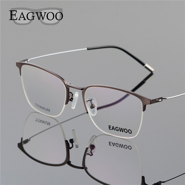 Eagwoo Titanium Eyeglasses Half Rim Optical Frame Prescription Spectacle Wire Temple Glasses Men Slim Light Eye glasses 5201: Brown