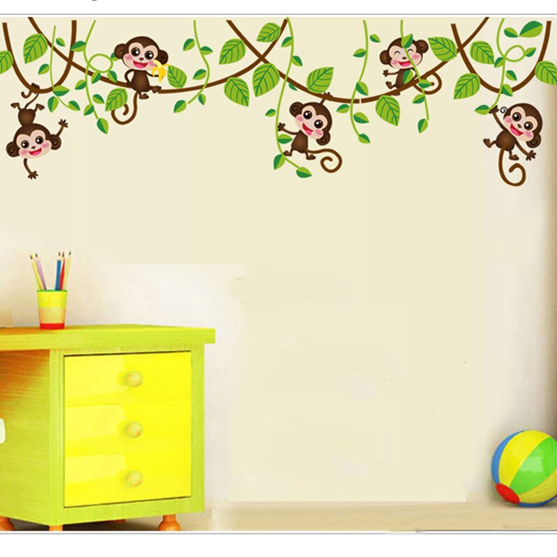 Pegatinas de pared de mini monos para habitación de niños, calcomanías de Arte de vinilo 3D, animales, plantas, pegatina de papel pintado dormitorio, guardería, decoración del hogar