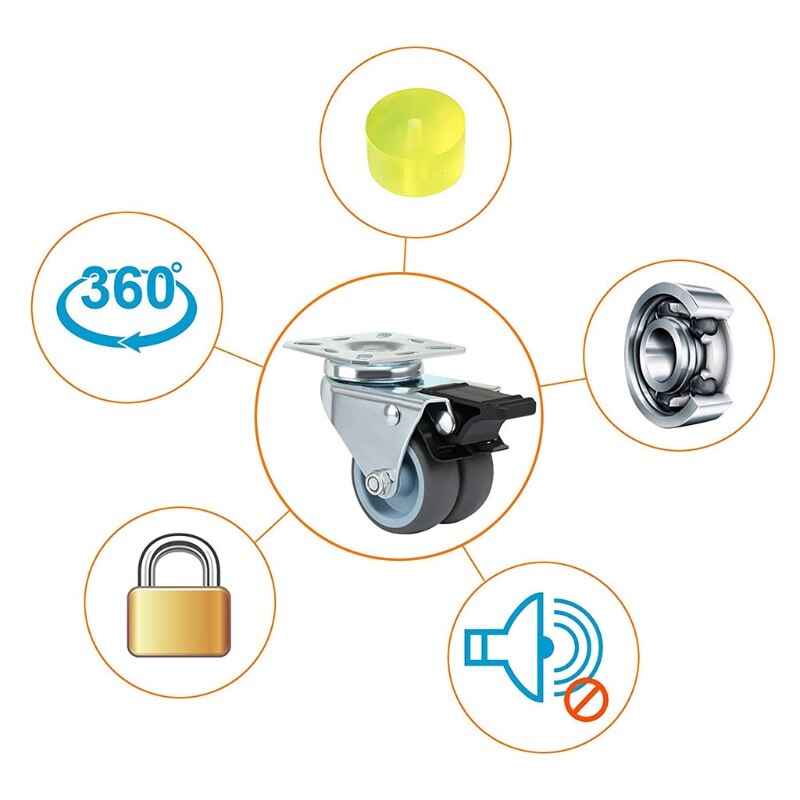 2 inch Caster Wheel with Brake Locking and Rubber Wheels, Heavy Duty Swivel Plate Caster for Trolley Furniture