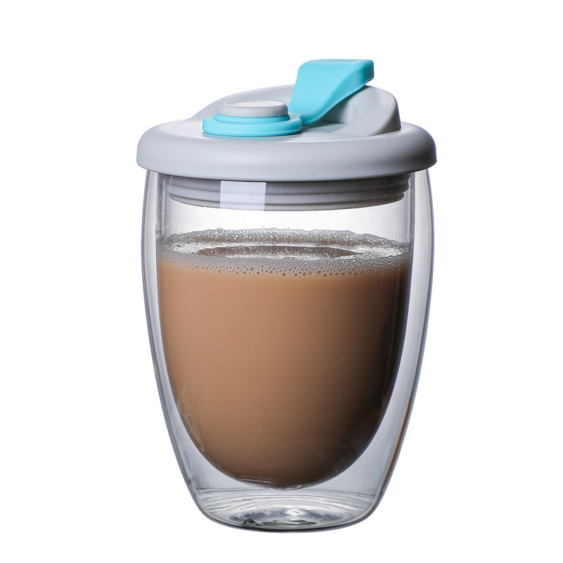 250ml 350ml 450ml dwuwarstwowy szklany kubek do kawy z pokrywką szczelny podróż mleko herbata cytrynowa kubek Dinkware: Niebieski / 350ml