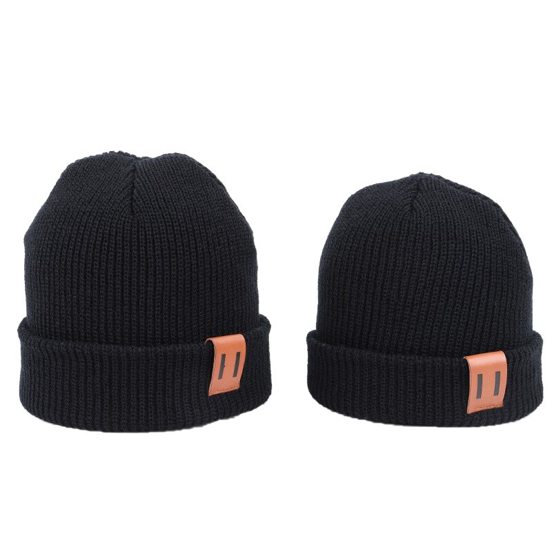 2PCS/LOT Mom Baby Hat for Boy Girl Knit Hat 8 Colors Solid Color Kids Beanie Cap for Adult Children Family Matching Caps: Black S and L