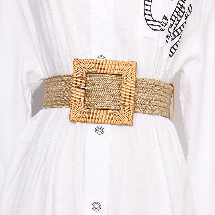 Cinturón con hebilla cuadrada Bohemia a rayas para mujer, cinturón de paja con hebilla generosa para playa y viento, cinturones tejidos a la para mujer: Khaki