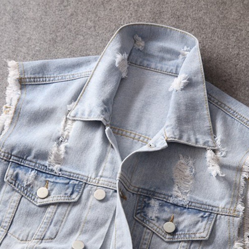 Primavera otoño agujero rasgado claro azul chalecos para hombres Punk coreano solo pecho ajustado chaleco sin mangas masculino de talla grande