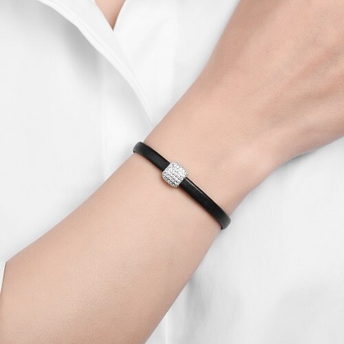 LUOTEEMI Trend Leather Simple Geometric Zircon Bead Handmade Charm Bracelets &amp; Bangles for Women Trendy Black PU Leather Jewelry: Silver Color 18CM