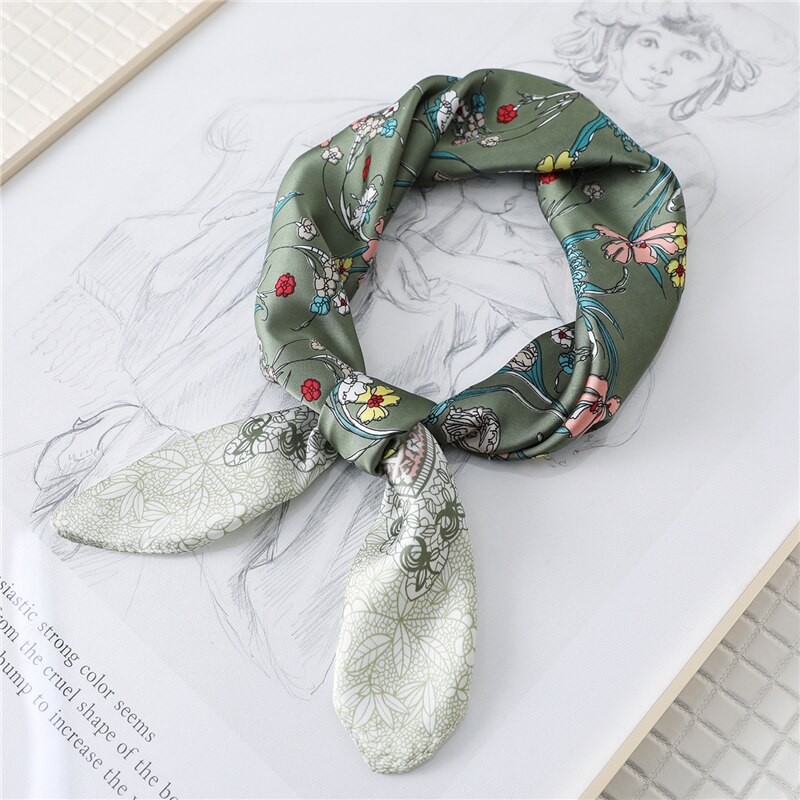 Skjerf til damer silke firkantet hode pakke inn hals hals skjerf kvinner foulard sjal lommetørkle blomstertrykk bandana: Fj144- grønne