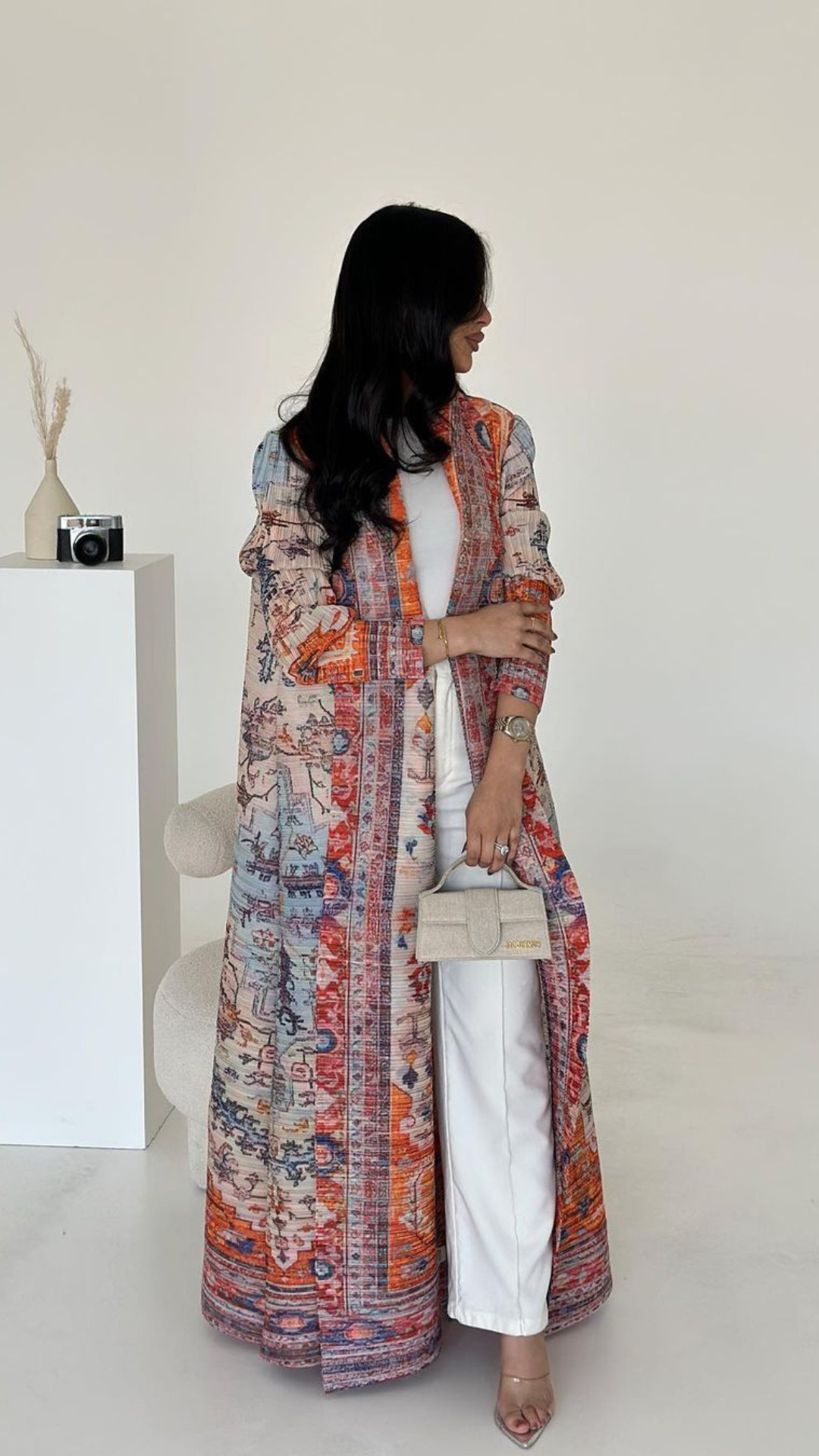 Abaya Miyake plissé imprimé Robe veste arabe dubaï Style femmes à manches longues conservateur recat musulman Trench Coat 55 pouces: Black