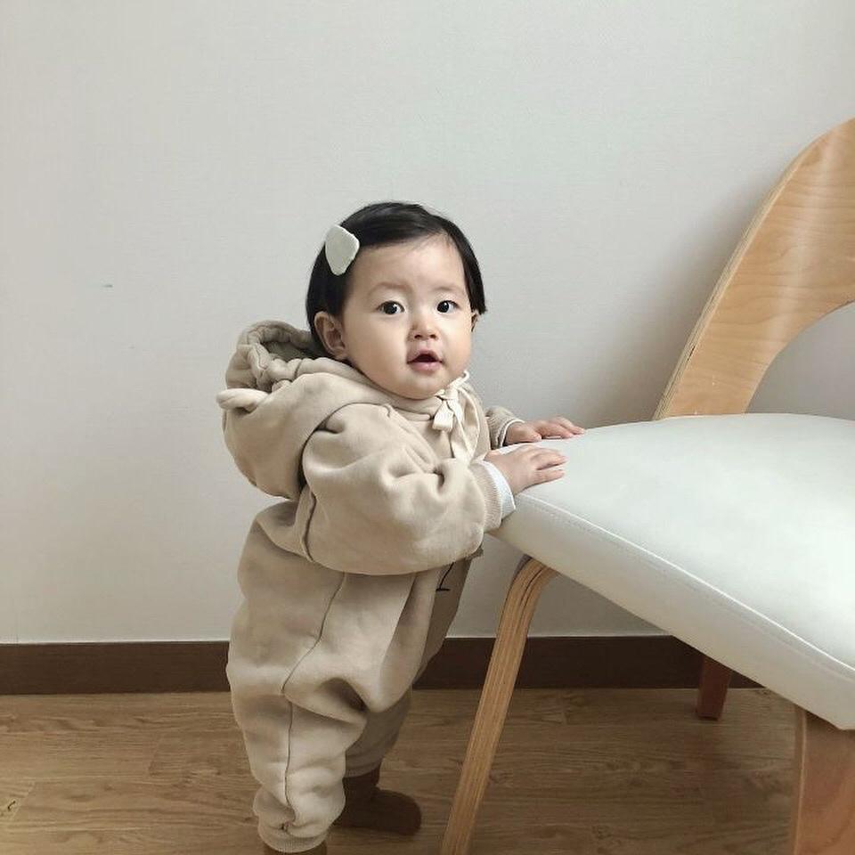 Baby Girl Romper Thick And Velvety Bear Ear Print Loose Jumpsuit Climbing Suit Toddler Girl Romper Baby Girl Jumpsuit: Beige / 24M