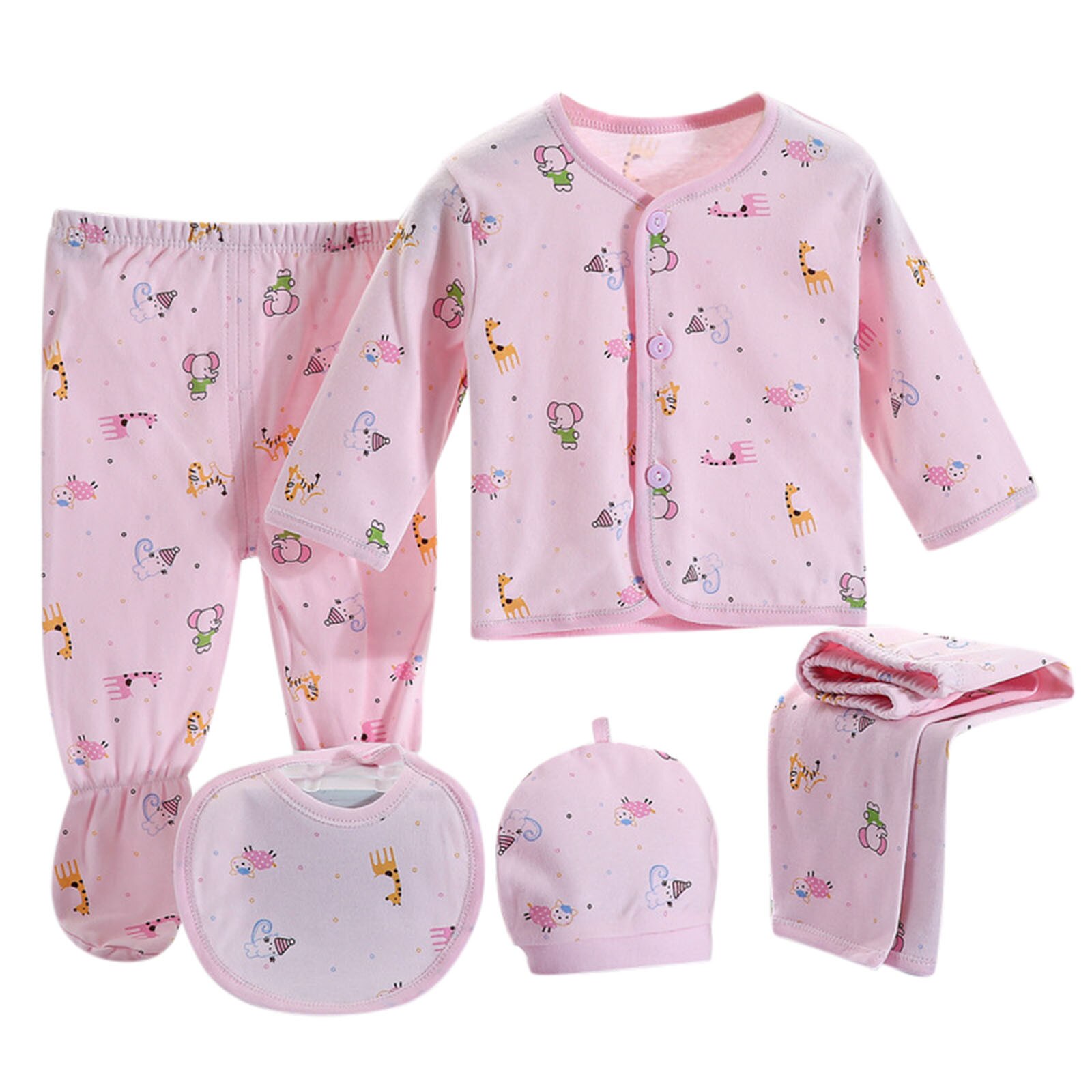 5Pcs Peuter Baby Slppwear Sets Pasgeboren Jongens Meisjes Cartoon Lange Mouwen Tops + Hoed + Broek + Bib Outfits set Zuigelingen Kleding Nachtkleding