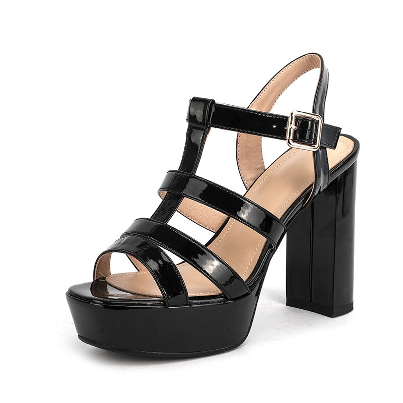 Gdgydh Frauen Gladiator Sandalen Offene spitze Rom Stil Quadrat hoch Fersen Plattform Frauen Schuhe Knöchel-Gurt Schnalle Weibliche schuhe: Schwarz Schuhe / 6,5