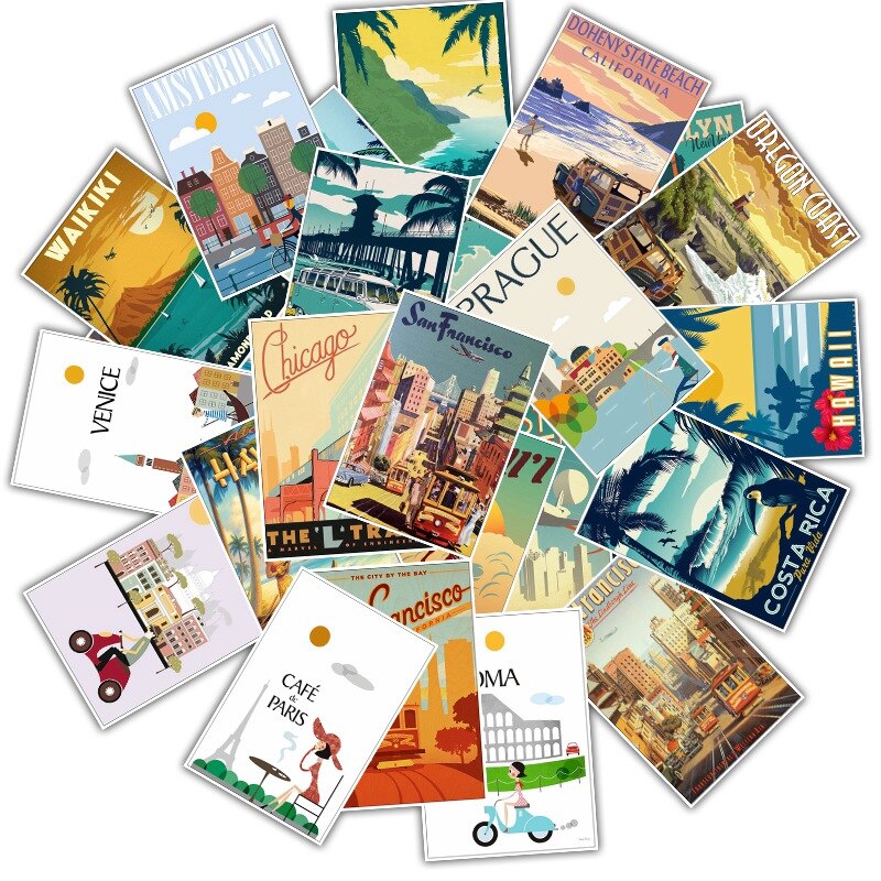 25 stk blandet plakat stil rejse landskab logo roma paris los japan chicago hawaii bagage laptop køleskab klistermærke vandtæt mærkat: Default Title