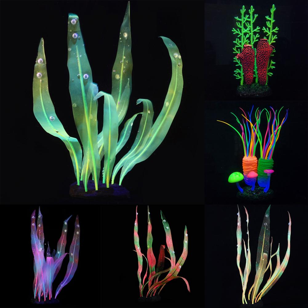 Simulação de silicone para aquário, planta marinha fluorescente de algas marinhas, enfeite colorido para aquário, decoração de aquário