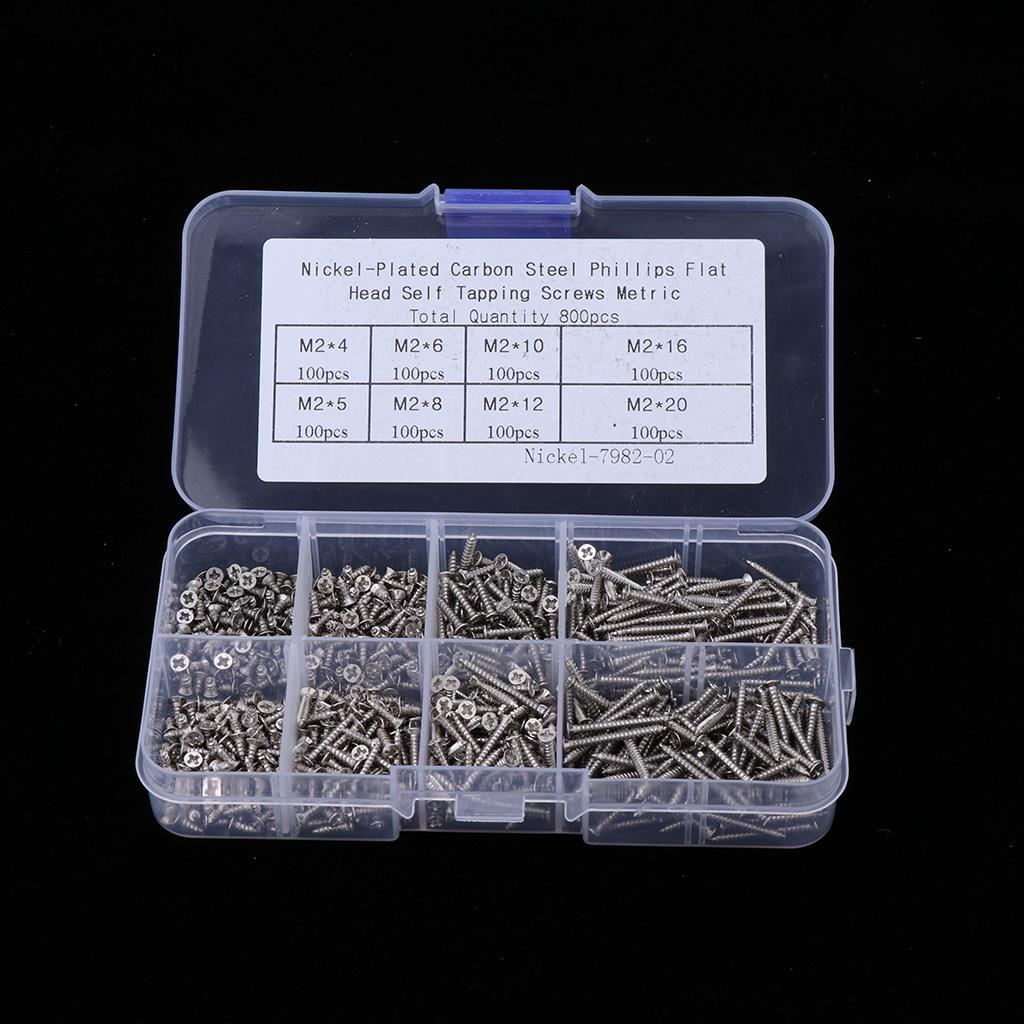 800pcs M2(2mm) Nickel Carbon Steel Phillips Pan Head Self Tapping Screws Kit