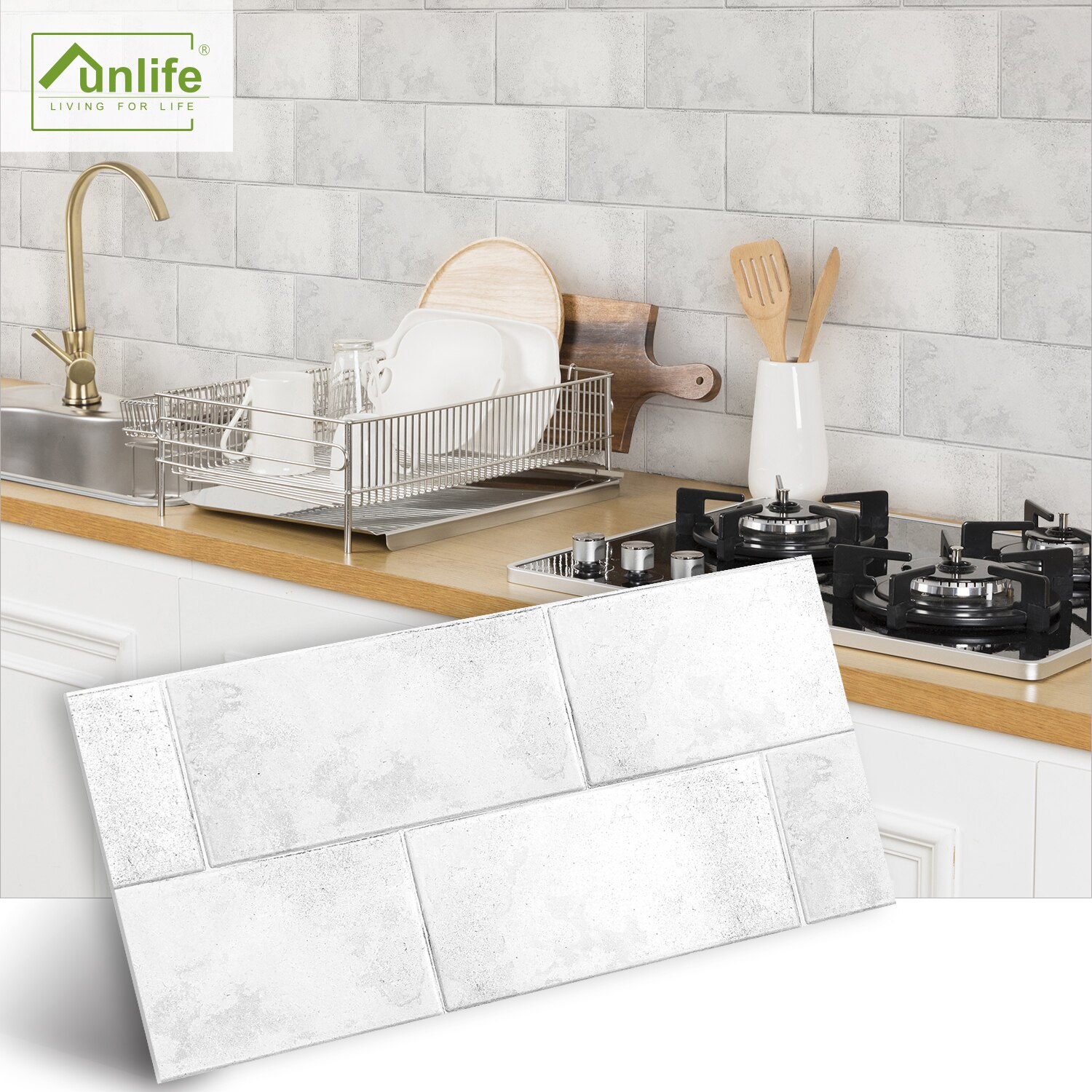 Funlife® 30x15cm White Stone Brick Thick Tile Stickers Waterproof Wall Stickers Self-Adhesive Kitchen Backsplash Fireplace Decor: 15x30cmx4pcs0.18m2