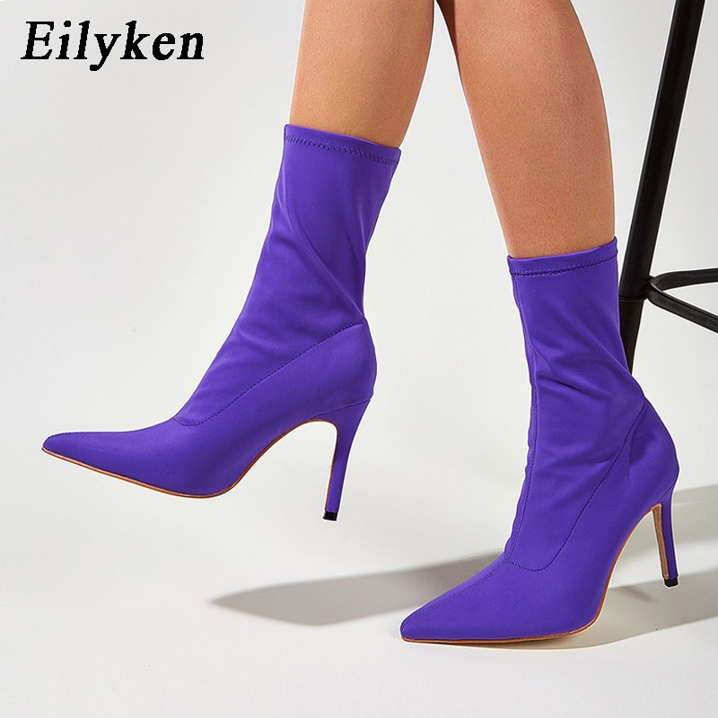 Eilyken hiver Stretch tissu bout pointu femmes bottines chaussures talons hauts femme bottes parti chaussures femmes