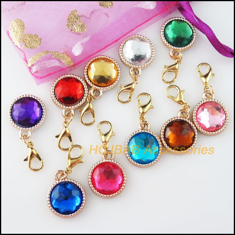 20Pcs KC Gold Plated Mixed Acrylic Round With Lobster Claw Clasps Charms 15.5x19mm