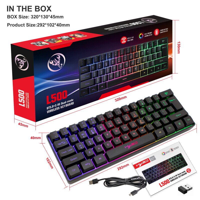 Wireless Gaming Keyboard 2200mAh LED Backlit Mini 61 Keys Keyboard with Bluetooth 5.1&amp;2.4G Wireless Dual Modes Compact Layout: L500B