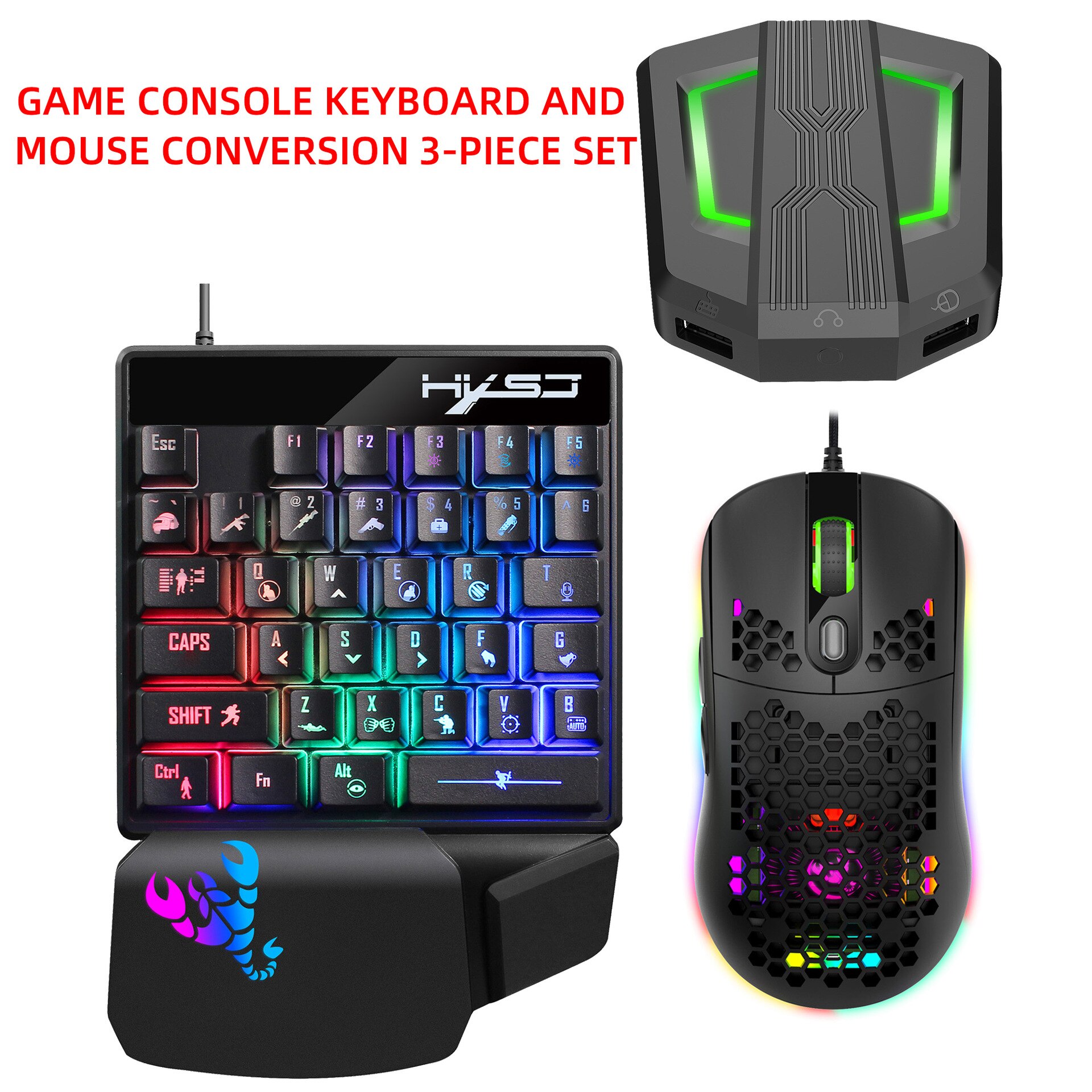 Game Console Keyboard and Mouse Converter set, Mobile phone game one-handed keyboard wired game mouse RGB glow