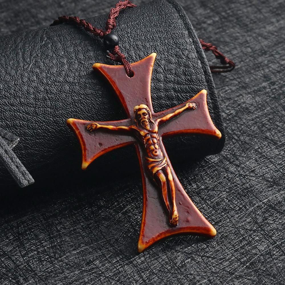 Retro röd akryl krucifix jesus hänge halsband herr riddare maltesiska järn kors halsband justerbara rep kedja smycken