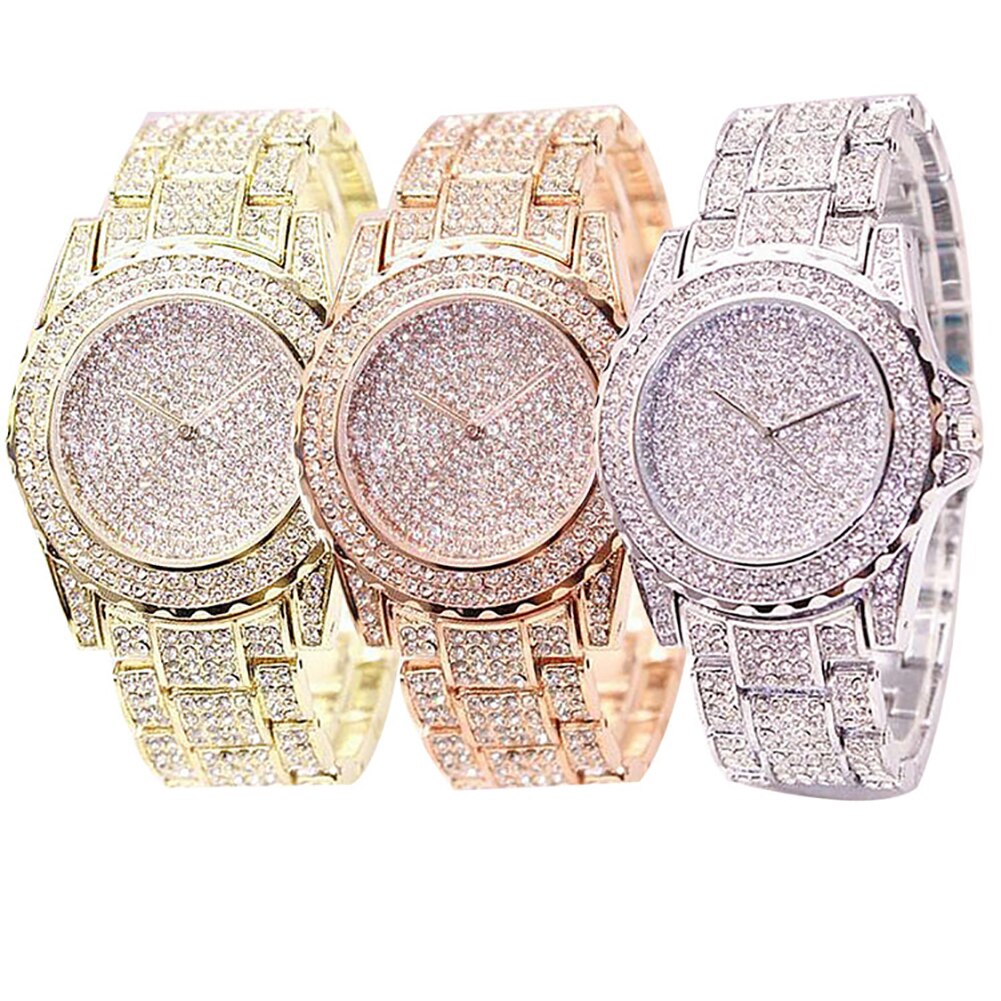 Luxe dameshorloge met volledig glanzend strass rond quartz uurwerk, armband met glanzend goudkleurig zilver, kersthorloges