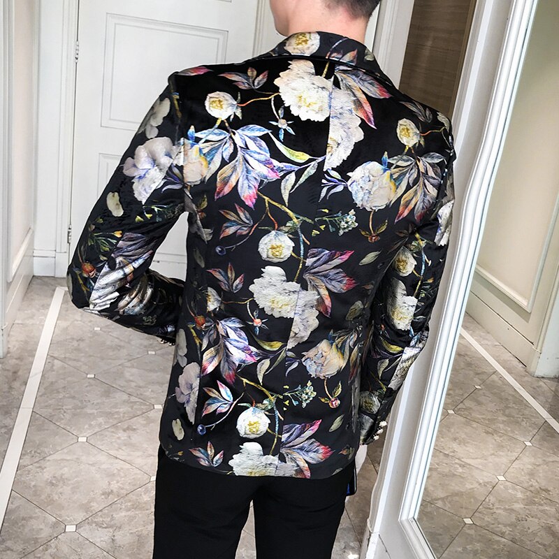 Gold Leaves Sequins Printing Suit Jacket DJ Nightclub Singers Slim Fit Men Suit Jacket Wedding Business Party Clothing Dress
