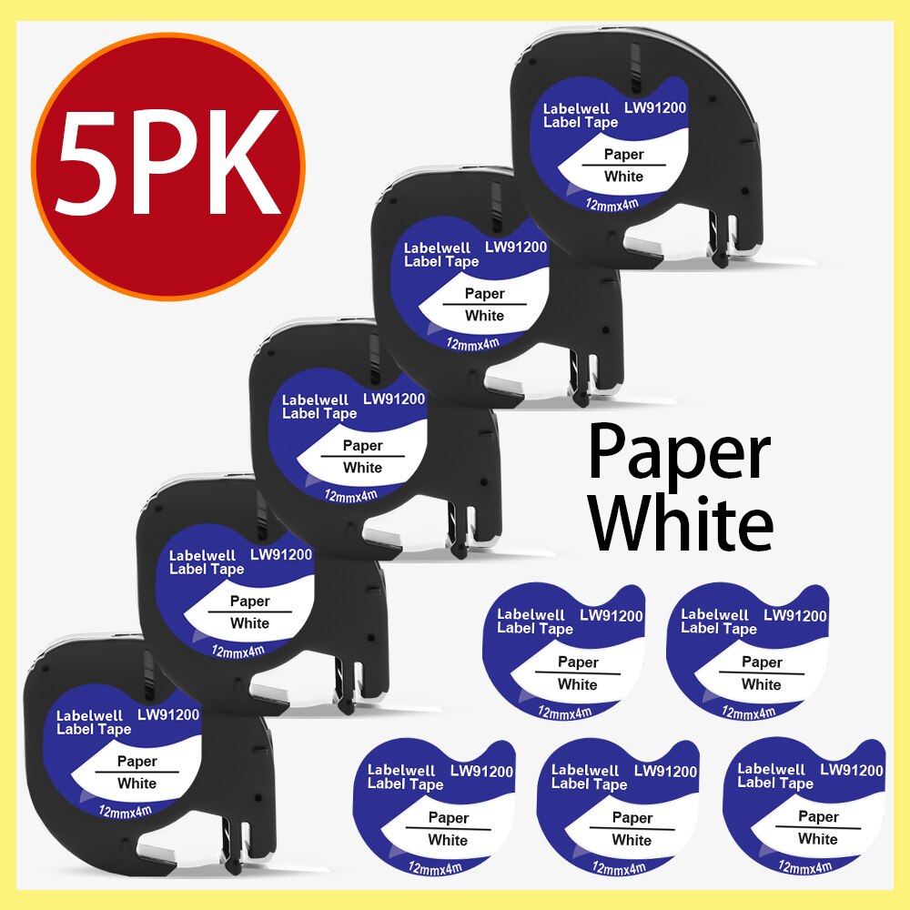 Labelwell 7PK 91202 91222 91332 plastikowa etykieta dla Dymo LT 12mm taśmy LT 91201 91200 91203 91204 12267 dla Dymo LetraTag LT-100H: 5PK 91200 White