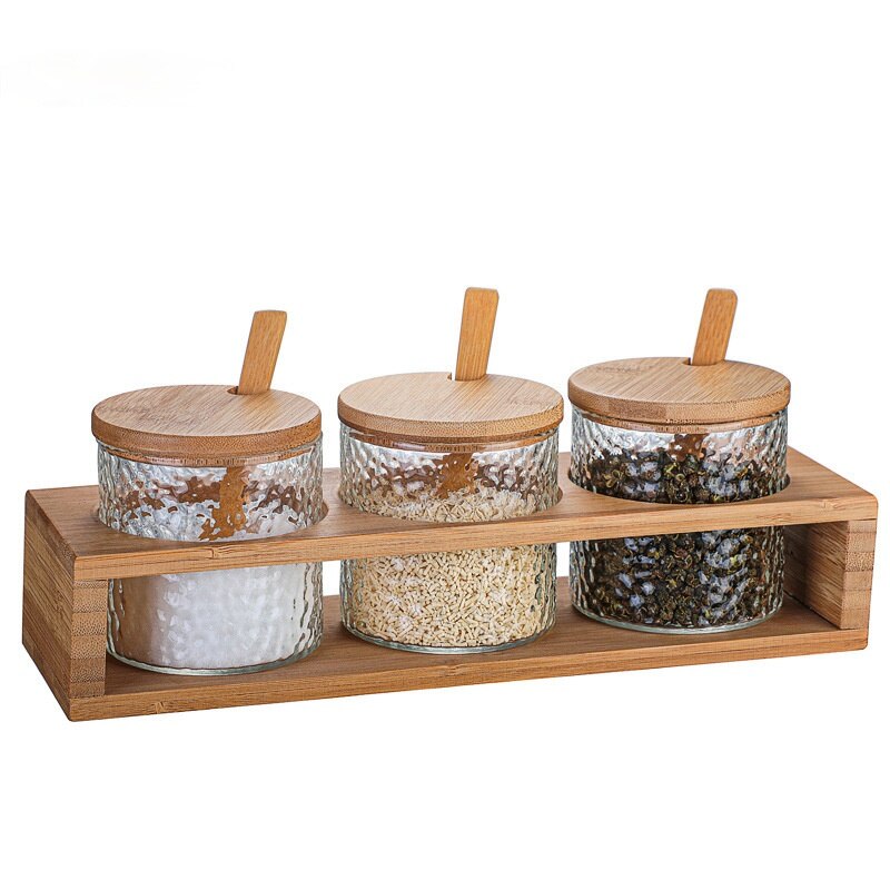 Hamer Glas, Bamboe En Hout Dressing Box Set Voor Huishoudelijke Keuken Zout Pot Kruiden Fles Container Set