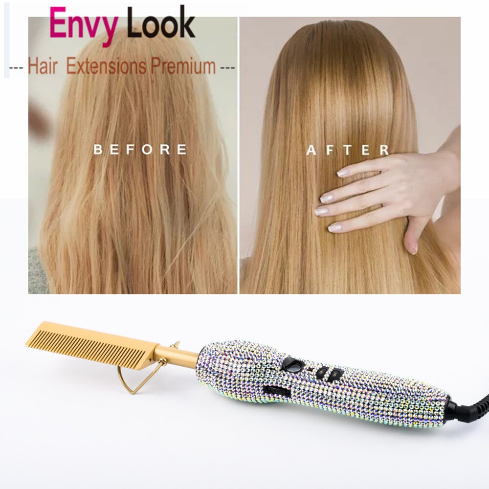 Crystal Electric Comb Hair Extension Straighter Color High Heat Flat Irons Straight Brush Wet Curl Dry Use For Black Women: UK Silver