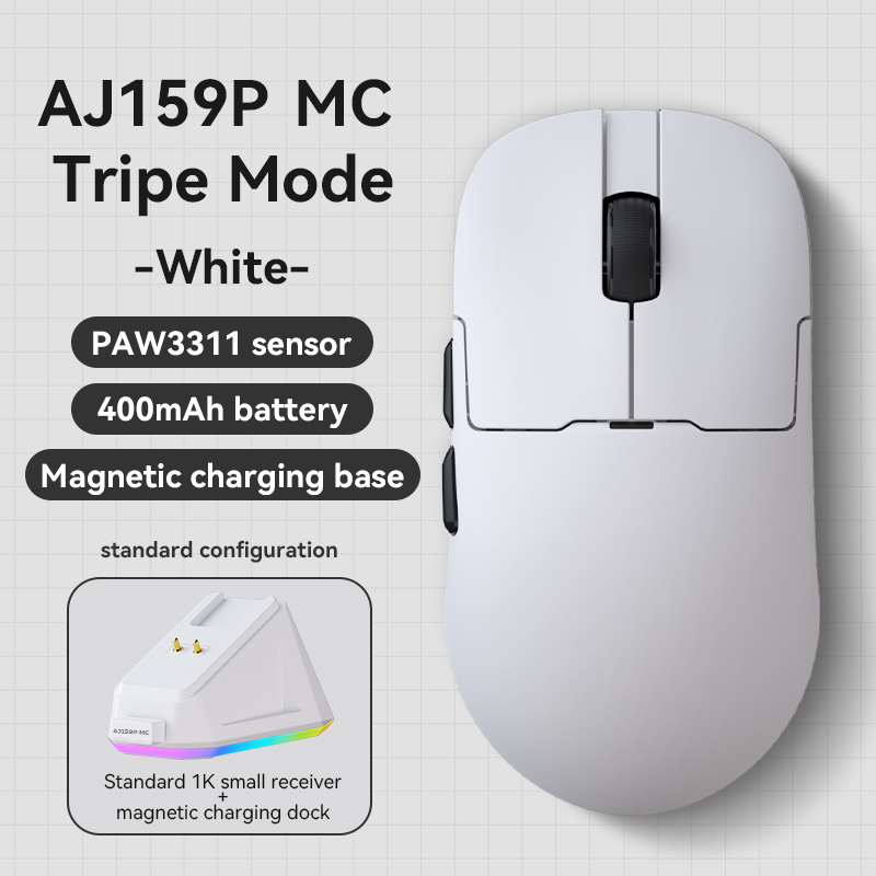 AJAZZAJ159PMC mouse, wireless gaming mouse, three-mode pixart PAW3311 lightweight e-sports gaming office: WHITE