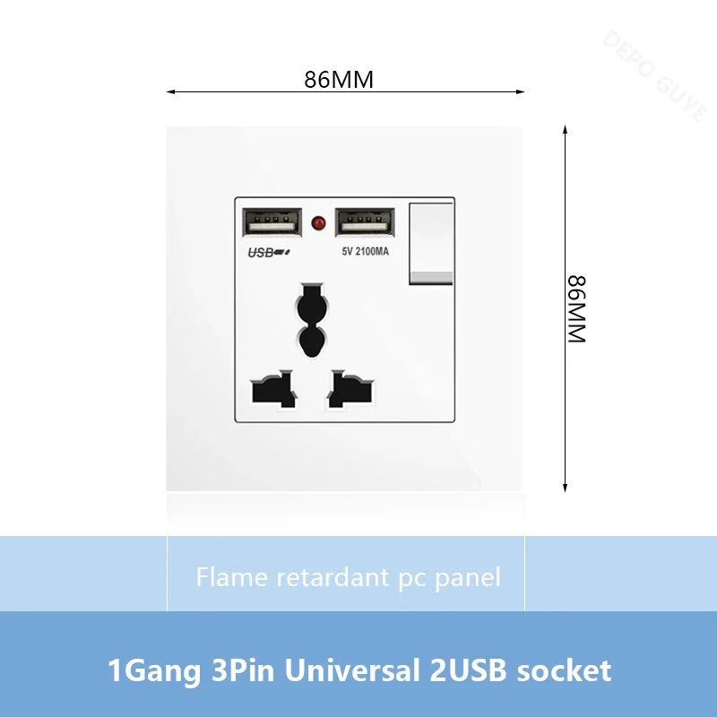 Universal 18W Type-C Plug Quick Charging Dual 3-pin Power Socket 220V,Wall electrical Socket with DC 5V 3.1A Type-c USB Charger
