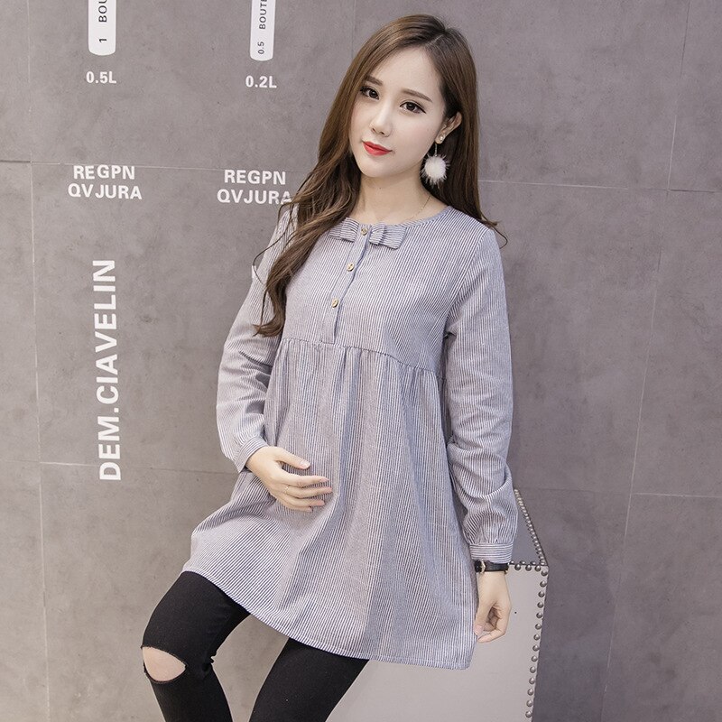 Blusa de maternidad con lazo a rayas, camisa para mujeres embarazadas, vestido, ropa de embarazo, blusa, tops premamá, camisas de de Primavera
