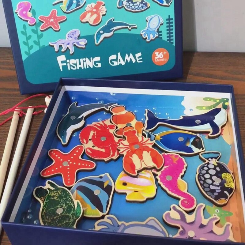 Jeu De Pêche Magnétique En Bois Pour Enfants 3-6 Ans - 15 Animaux Marins, 2 Cannes - Développe Motricité Et Coordination
