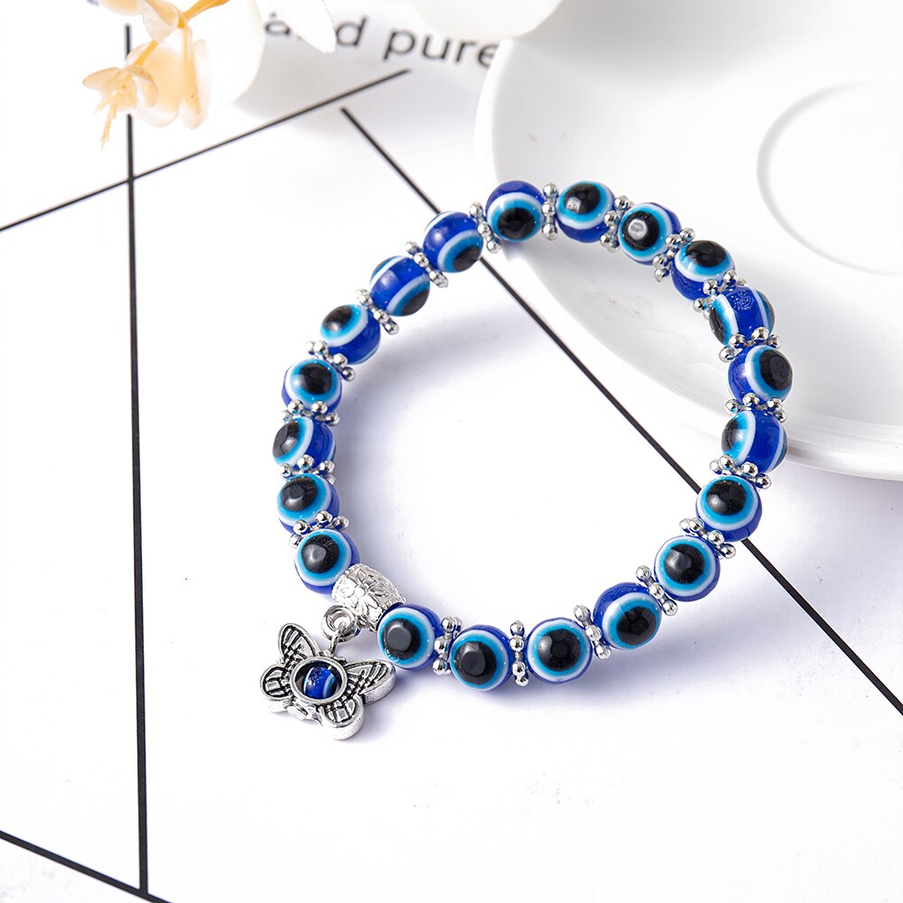 Turkish Lucky Evil Eye Bracelets Blue Evil Eye Bead Bracelet Men Women Handmade Lucky Jewelry Charm Bracelet Female: Butterfly