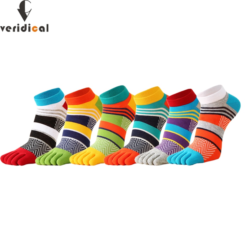 5 Pairs Bright Color Ankle Five Finger Socks Man Cotton Striped Patchwork Mesh Breathable Street No Show Socks With Toes