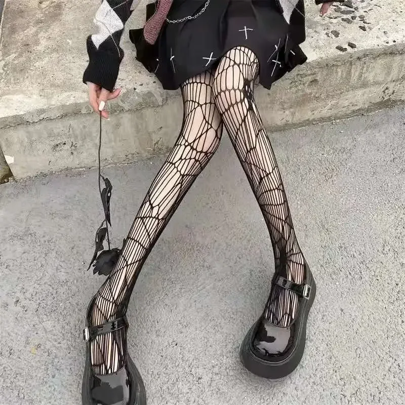 Gothic Dark Girls Skull Hollowed Out Tights Punk Women Sexy Fishnet Black Stockings Goth Lolita Nylon Spider Web Mesh Pantyhose