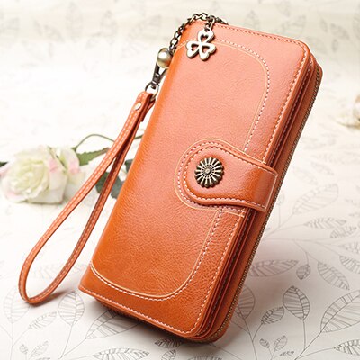 Vintage botón teléfono monederos mujer cartera femenina Cartera de cuero Retro señoras Cremallera larga Mujer cartera de mano de tarjeta: long orange wallet