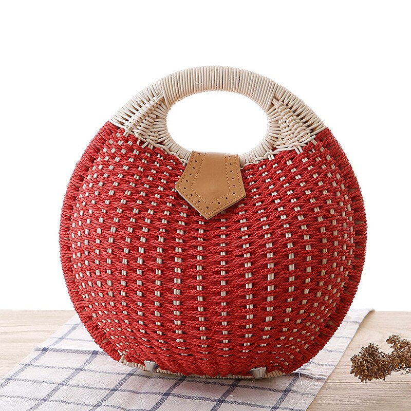 Summer Beach Bag Straw Bag Shell Shaped For Ladies Women's Handbags Handmade Bohemian Bali Rattan Handbags Women Purse: Red