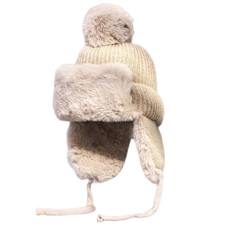 Kvinner vinterstrikk pom pom fangstmann lue tykk fluffy plysj termisk varm snø ski vindtett ensfarget lue øreklaff lokk