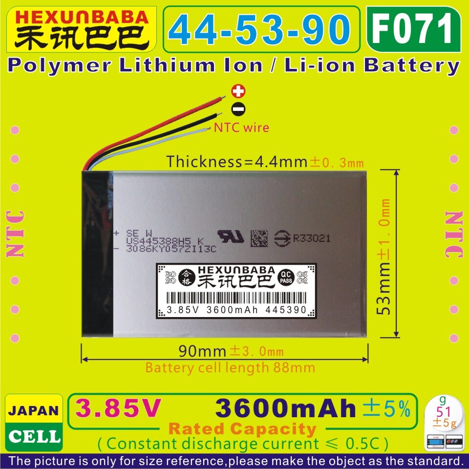 [F071] 3.85 V, 3.8 V, 3.7 V 3600 mAh [445390] NTC; batterie polymère lithium-ion/Li-ion pour téléphone portable; GPS, e-book, haut-parleur; MP5