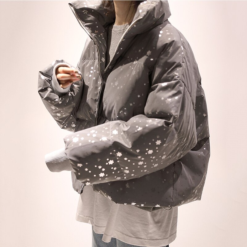 Vinter dam streetwear dunparkas oversize reflexjacka kort varm dam kappa snowflake paljett parkas vadderad jacka i bomull