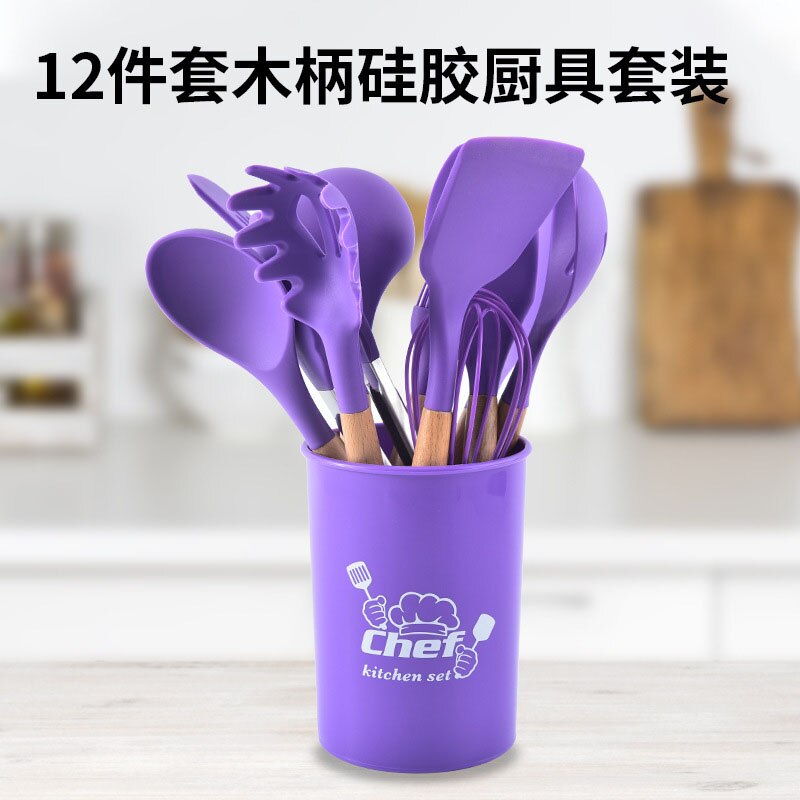Kitchen Silicone 12-piece Set Wooden Handle Nonstick Silicone Cookware Set