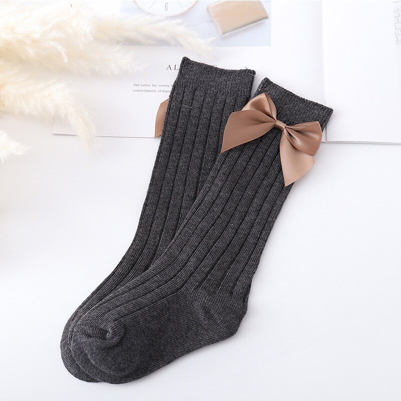 Bowknot bebê meias de algodão macio crianças do bebê da menina do joelho meias altas cor sólida princesa primavera outono crianças da criança meias longas: dark grey