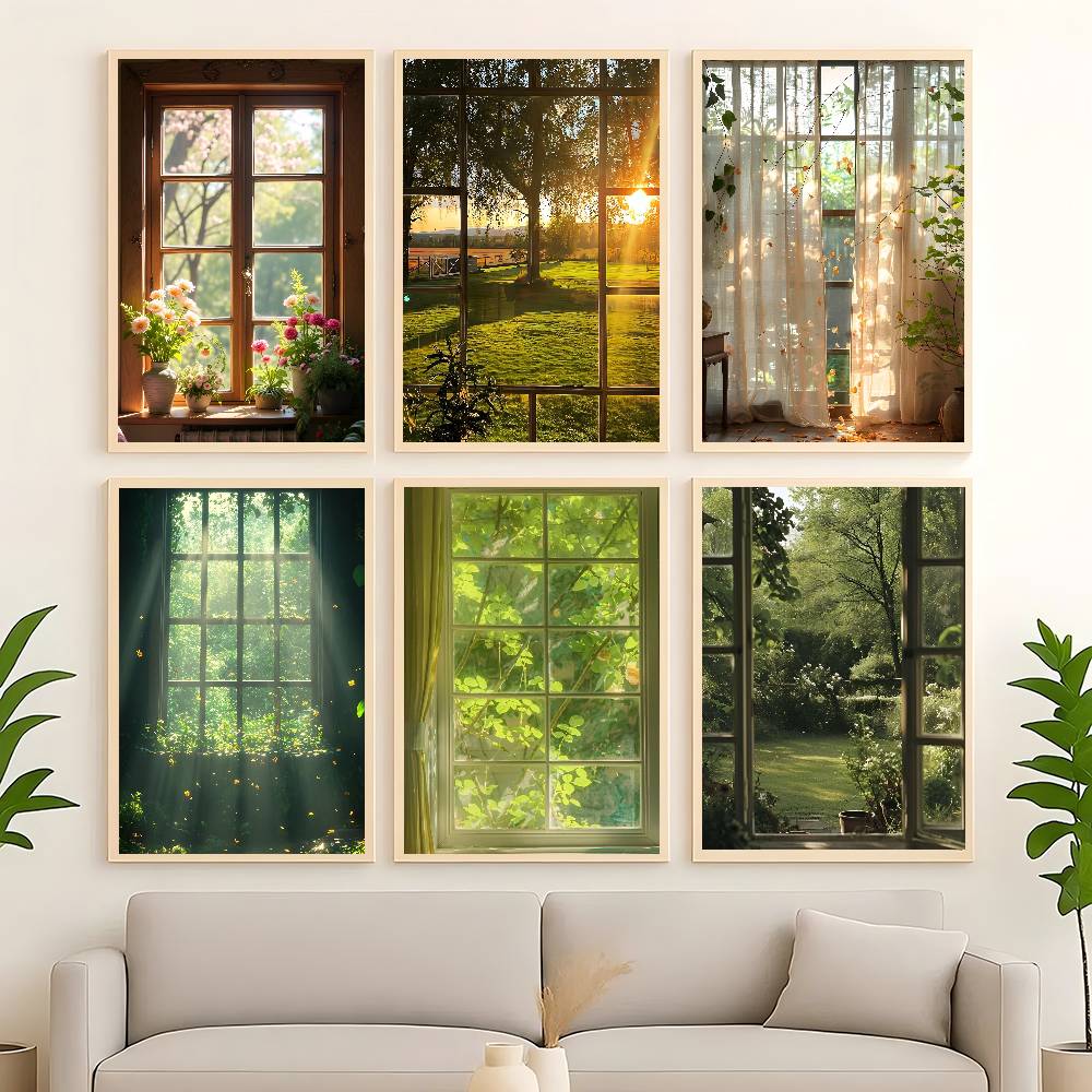 Groene landschap raamposter zelfklevende poster muurdecoratie geschikt voor woonkamer, slaapkamer, bar, babykamer hd frameloos